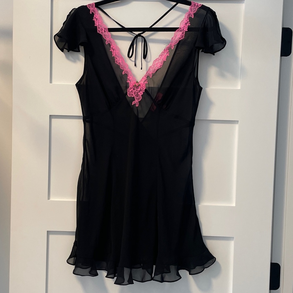 Betsey Johnson Black Nightgown with Pink Lace Trim